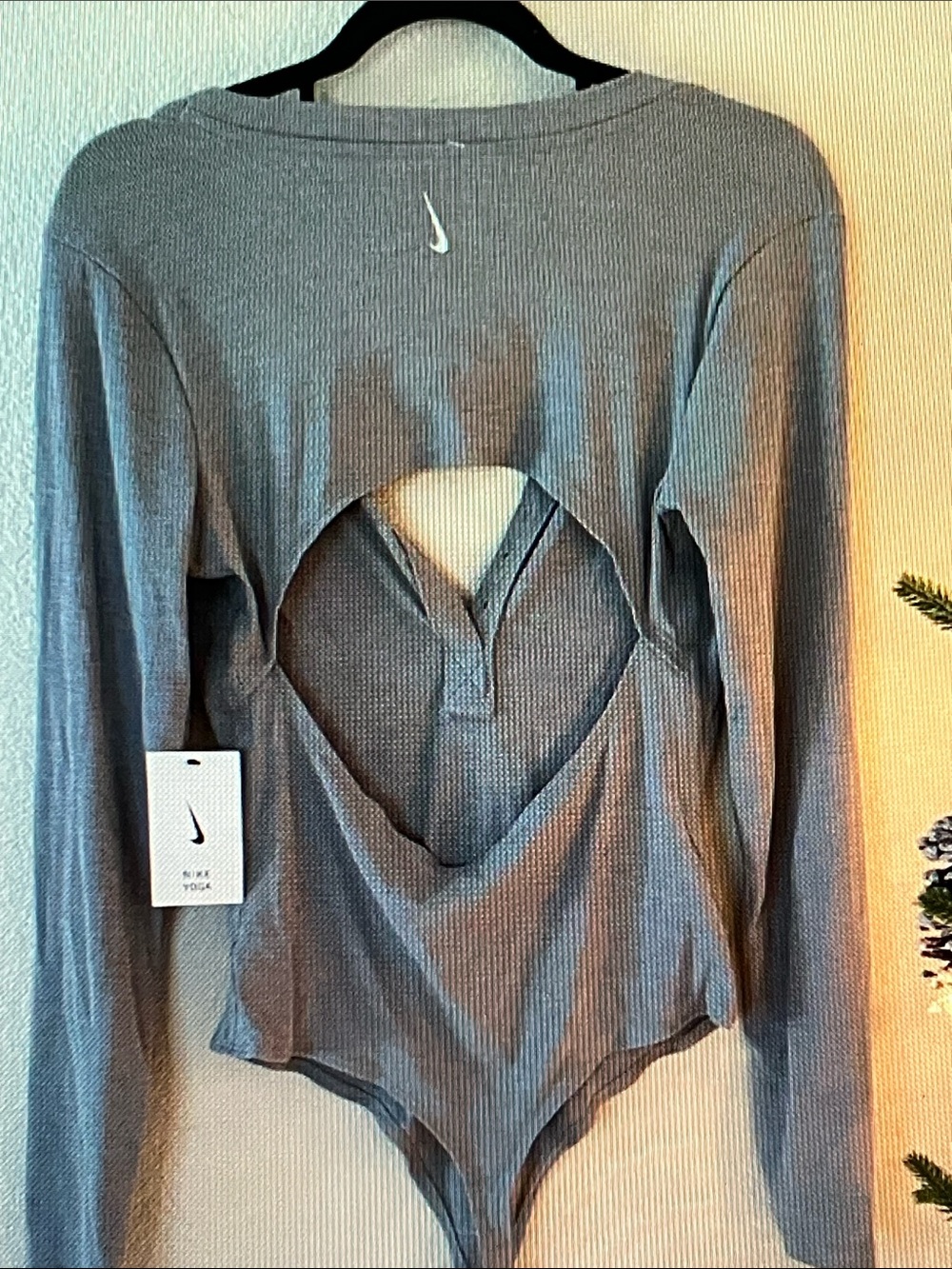 Nike Gray Ribbed Long-Sleeve Bodysuit with Heart Cutout